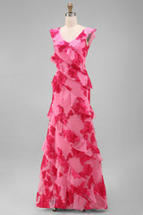 Hot Pink A-Line Floral Embroidery Maxi Floral Dress with Ruffles