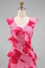 Hot Pink A-Line Floral Embroidery Maxi Floral Dress with Ruffles