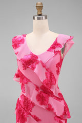 Hot Pink A-Line Floral Embroidery Maxi Floral Dress with Ruffles