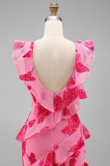 Hot Pink A-Line Floral Embroidery Maxi Floral Dress with Ruffles