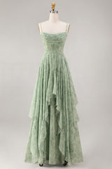 A-Line Dusty Sage Chiffon Floral Corset Spaghetti Straps Long Bridesmaid Dress