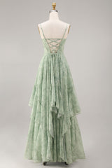 A-Line Dusty Sage Chiffon Floral Corset Spaghetti Straps Long Bridesmaid Dress