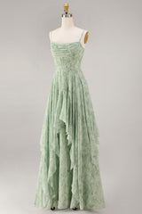 A-Line Dusty Sage Chiffon Floral Corset Spaghetti Straps Long Bridesmaid Dress