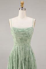 A-Line Dusty Sage Chiffon Floral Corset Spaghetti Straps Long Bridesmaid Dress