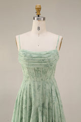 A-Line Dusty Sage Chiffon Floral Corset Spaghetti Straps Long Bridesmaid Dress