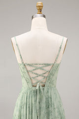 A-Line Dusty Sage Chiffon Floral Corset Spaghetti Straps Long Bridesmaid Dress