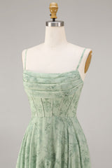 A-Line Dusty Sage Chiffon Floral Corset Spaghetti Straps Long Bridesmaid Dress