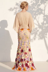 Mermaid Champagne Floral V-Neck Long Mother Of the Bride Dress with Cape Sleeves