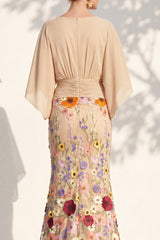 Mermaid Champagne Floral V-Neck Long Mother Of the Bride Dress with Cape Sleeves