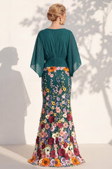 Mermaid Champagne Floral V-Neck Long Mother Of the Bride Dress with Cape Sleeves