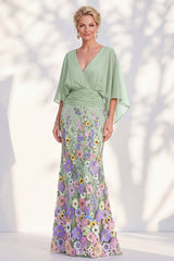 Mermaid Champagne Floral V-Neck Long Mother Of the Bride Dress with Cape Sleeves