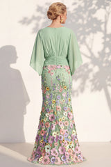Mermaid Champagne Floral V-Neck Long Mother Of the Bride Dress with Cape Sleeves