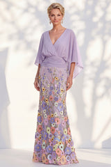 Mermaid Champagne Floral V-Neck Long Mother Of the Bride Dress with Cape Sleeves