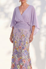 Mermaid Champagne Floral V-Neck Long Mother Of the Bride Dress with Cape Sleeves