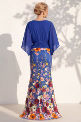 Mermaid Champagne Floral V-Neck Long Mother Of the Bride Dress with Cape Sleeves