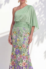 One Shoulder Lilac Mermaid Floral Long Mother Of the Bride Dress with Cape Sleeves