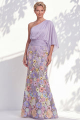 One Shoulder Lilac Mermaid Floral Long Mother Of the Bride Dress with Cape Sleeves