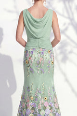 Dark Green Mermaid Bateau Neck 3D Floral Long Mother Of the Bride Dress