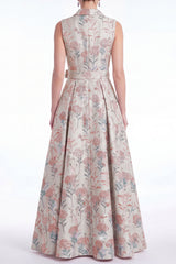 A-Line Pink Flower Notch Lapel Jacquard Long Mother Of the Bride Dress with Belt