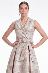 A-Line Pink Flower Notch Lapel Jacquard Long Mother Of the Bride Dress with Belt